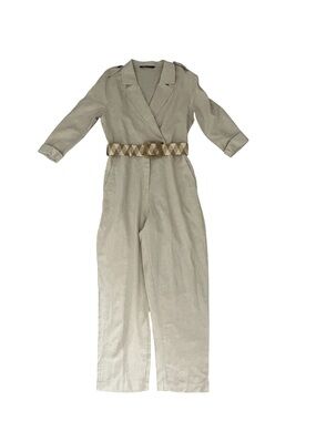 Zara Beige Linen-Blend Quarter Sleeve Jumpsuit with Woven Belt Medium